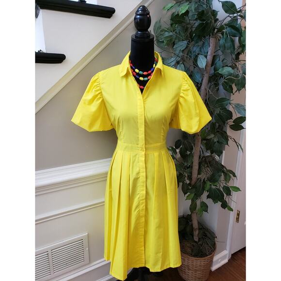 True Destiny A Line Shirt Dress Women's Large Yellow Puff Sleeve Button Down - Picture 1 of 16